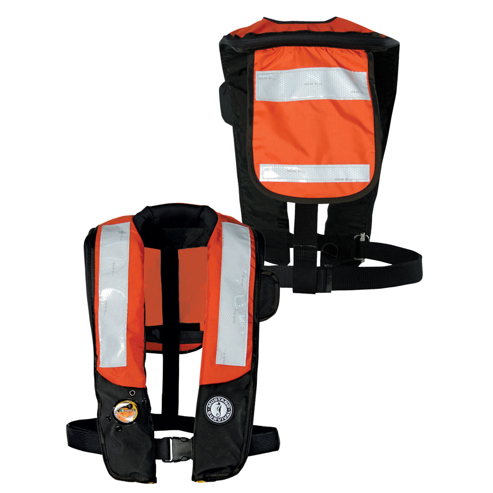 Mustang HIT inflatable personal flotation device with SOLAS reflective tape in orange and black, automatic and manual inflation modes.