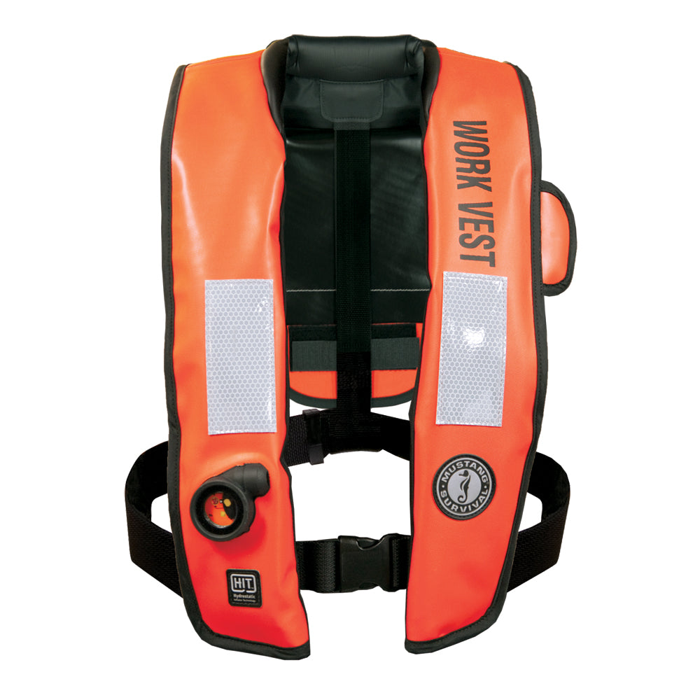 Mustang HIT inflatable work vest in orange, automatic/manual personal flotation device for safety and visibility at work.