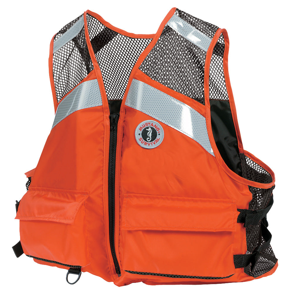 Mustang Survival industrial orange mesh vest in XXL/3XXL for personal flotation, featuring durable construction and adjustable straps.