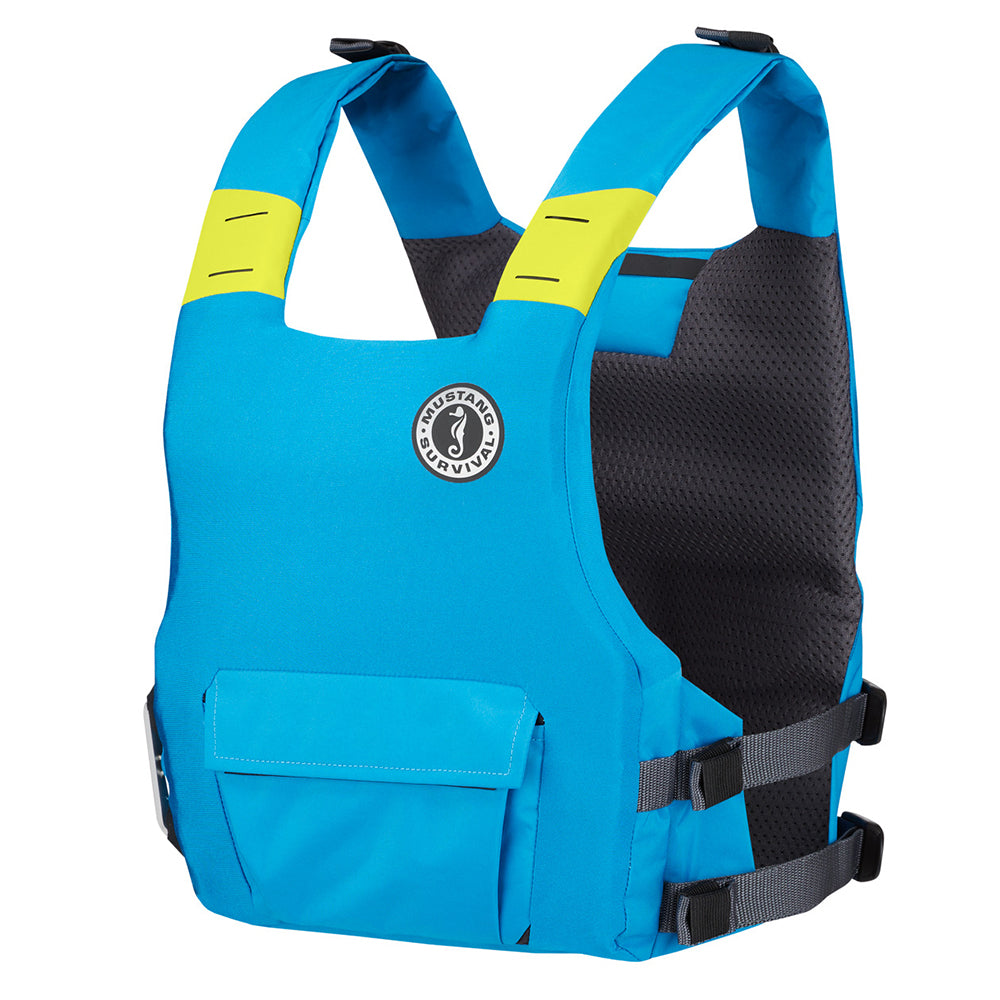 Mustang Survival Khimera Dual Flotation PFD in azure blue, a personal flotation device with manual inflation for safety on the water.