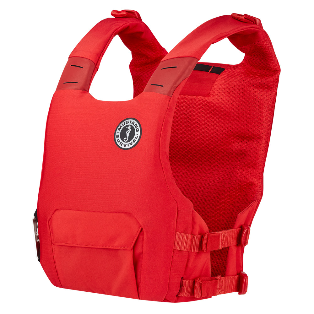 Mustang Khimera Dual Flotation PFD in red, Mustang Survival personal flotation device with manual inflation mechanism.