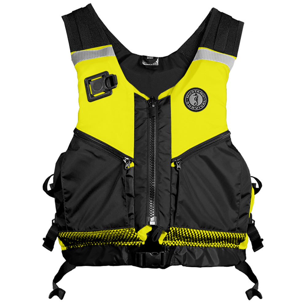 Mustang Survival water rescue vest in fluorescent yellow, green, and black, Medium/Large, designed for operations support and safety.
