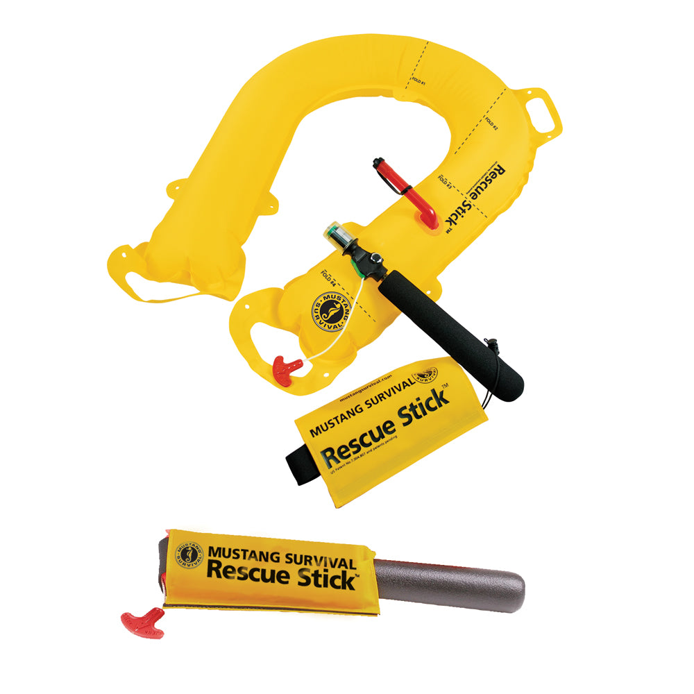 Mustang Rescue Stick personal flotation device by Mustang Survival, compact life-saving device with bright orange color and safety features.