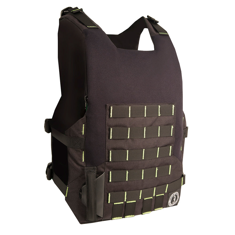 Mustang Survival Rescue Swimmer Vest in fluorescent yellow, green, and black with manual inflation for personal flotation safety.