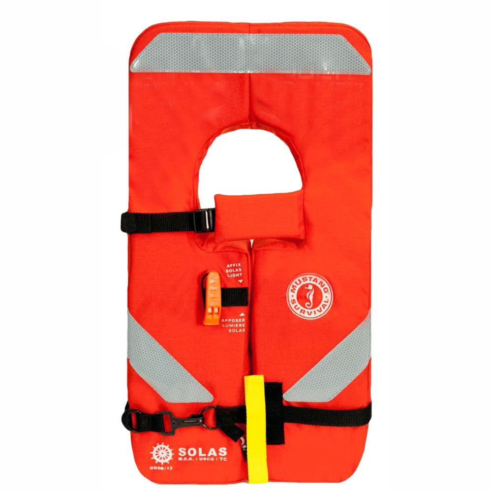 Mustang SOLAS Type 1 adult life jacket in bright orange, personal flotation device with adjustable straps and safety features.