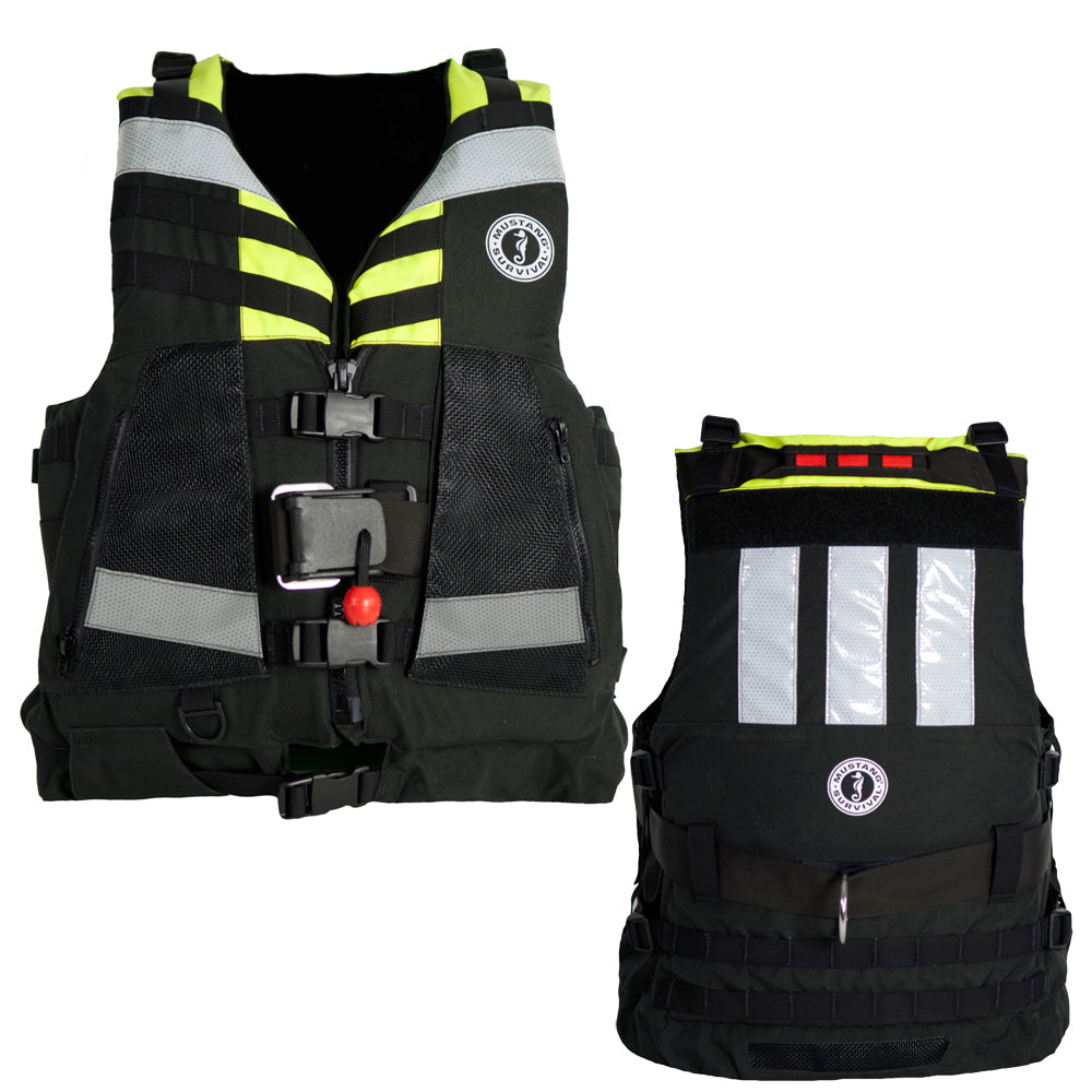 Mustang Survival Swift Water Rescue Vest in fluorescent yellow, green, and black, designed for personal flotation and water safety.