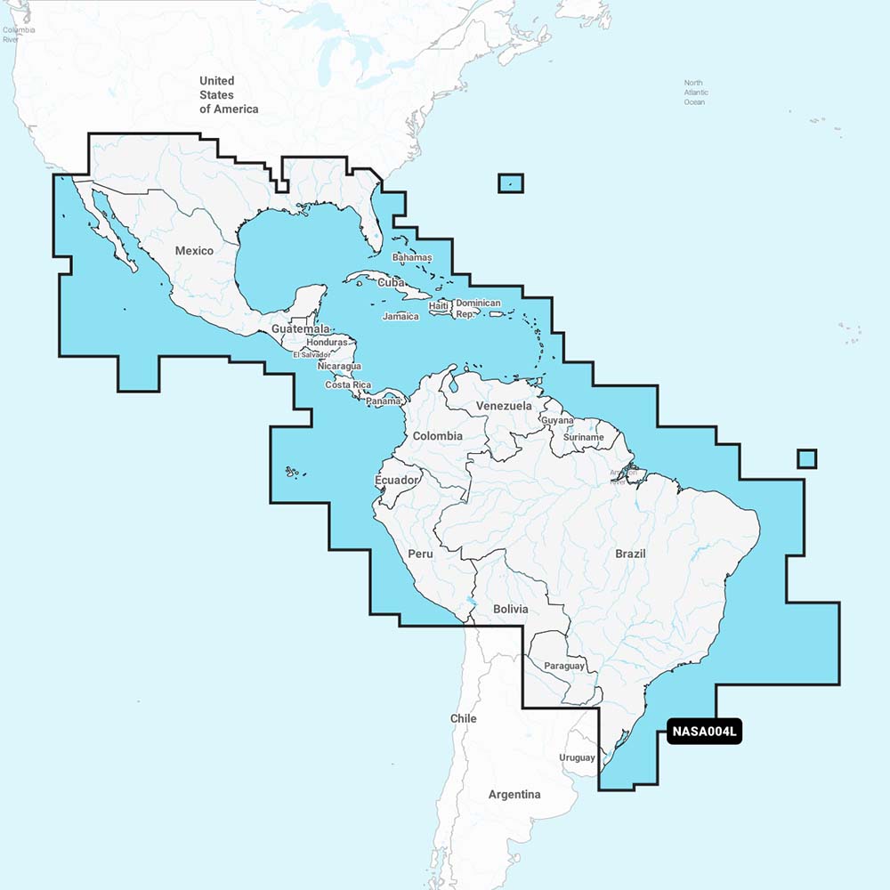 Navionics+ map of Mexico, Caribbean to Brazil showing detailed nautical charts and coastal details for navigation.