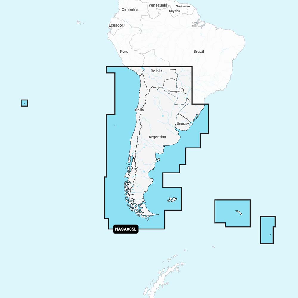 Navionics+ nautical chart for Chile, Argentina, and Easter Island showing detailed coastal and island features.