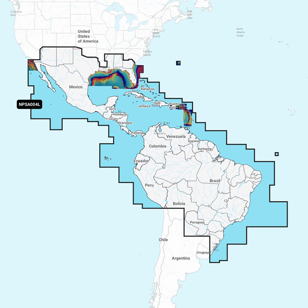 Navionics Platinum Plus map for Mexico, Caribbean to Brazil, showing detailed nautical charts and marine navigation features.