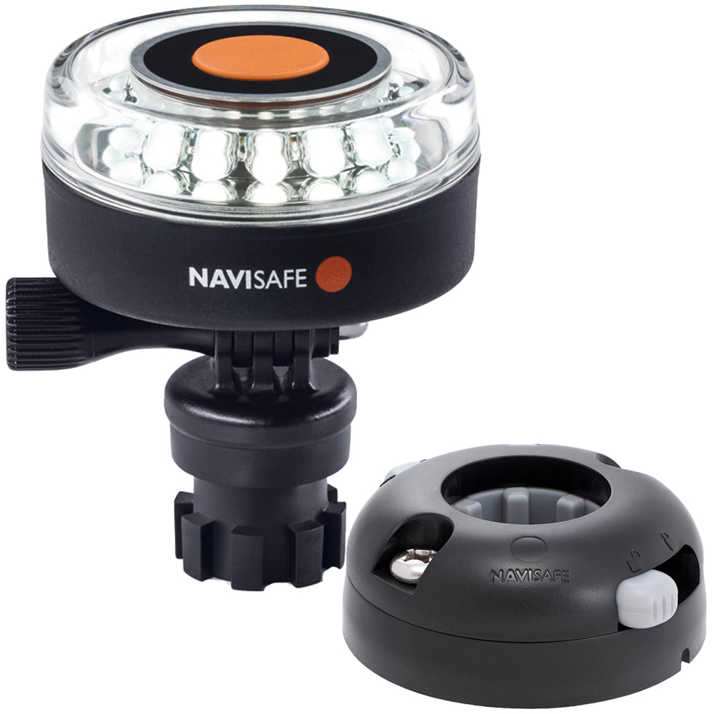 Navisafe Navilight 360 2NM white navigation light with Navimount base, horizontal mount, black color, suitable for marine vessels