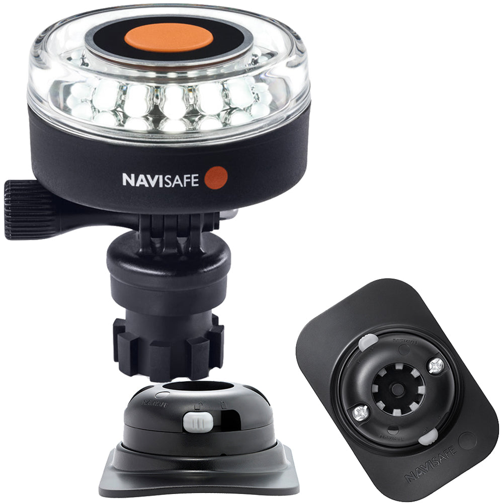Navisafe Navilight 360 navigation light in white with Navimount base and RIB mount, black color, for marine vessel safety.