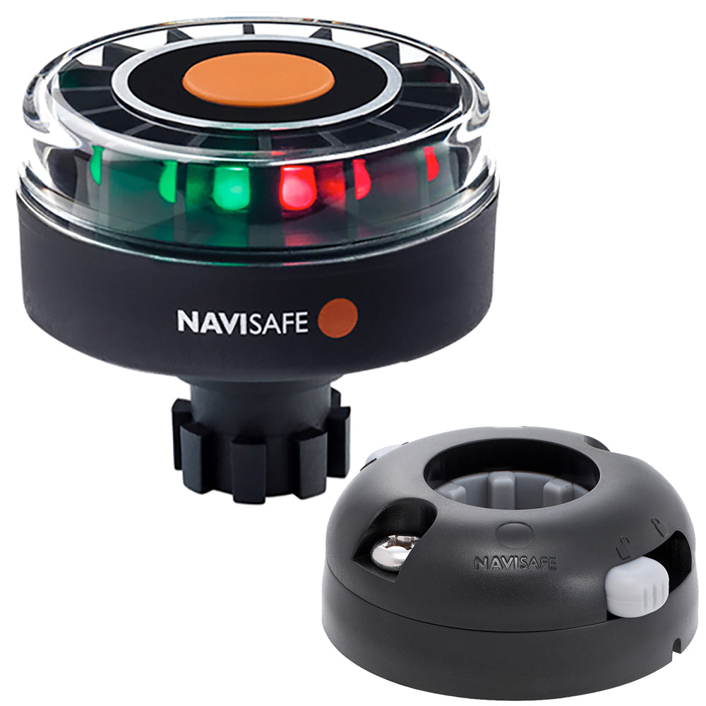 Navisafe Navilight Tricolor 2NM navigation light with Navibolt base, black horizontal mount, suitable for marine vessels.