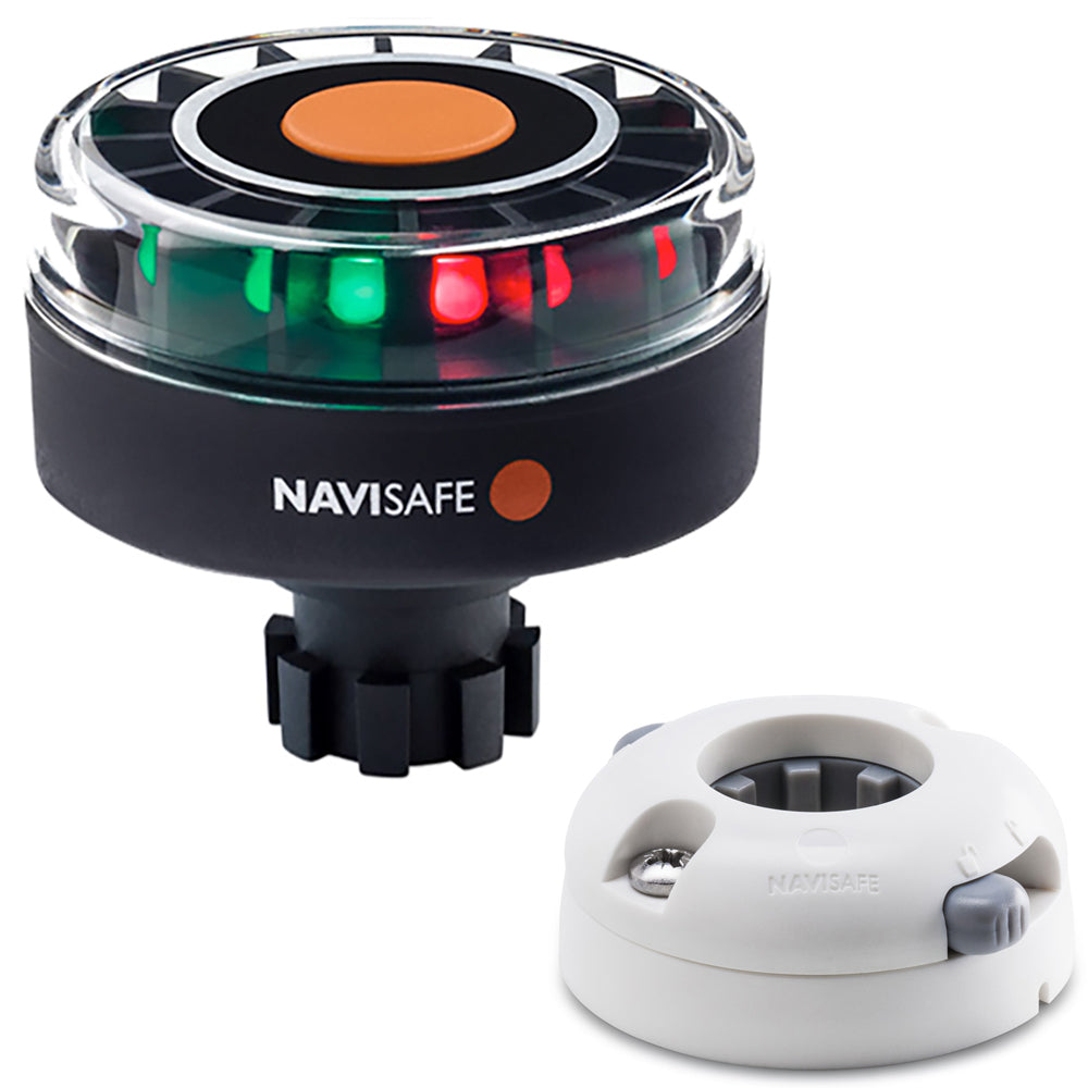 Navisafe Navilight Tricolor 2NM navigation light with Navibolt base, white horizontal mount, used for marine vessel navigation.
