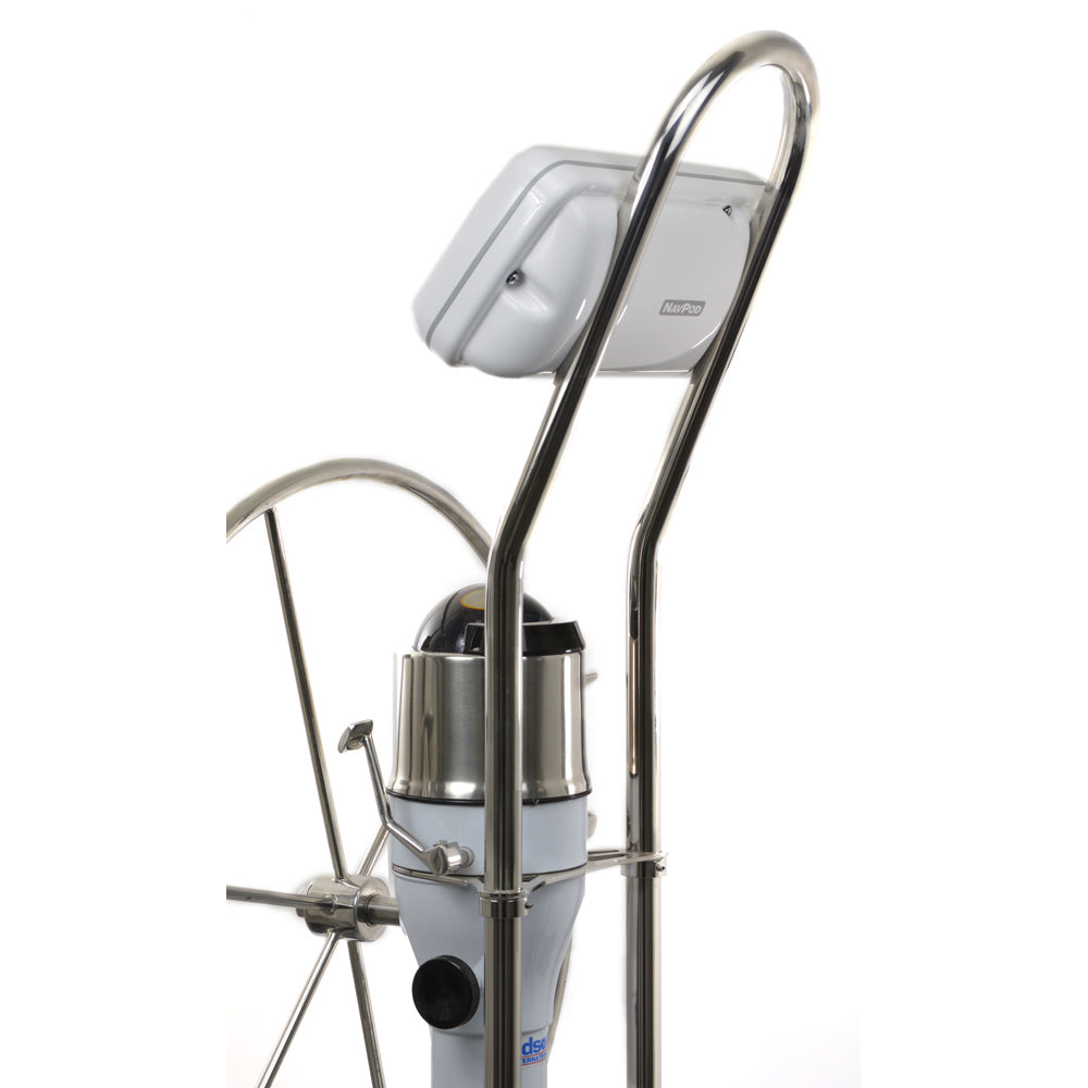 NavPod AG118 Pedestal Guard display mount showing a sturdy protective mount for electronic devices on a pedestal.