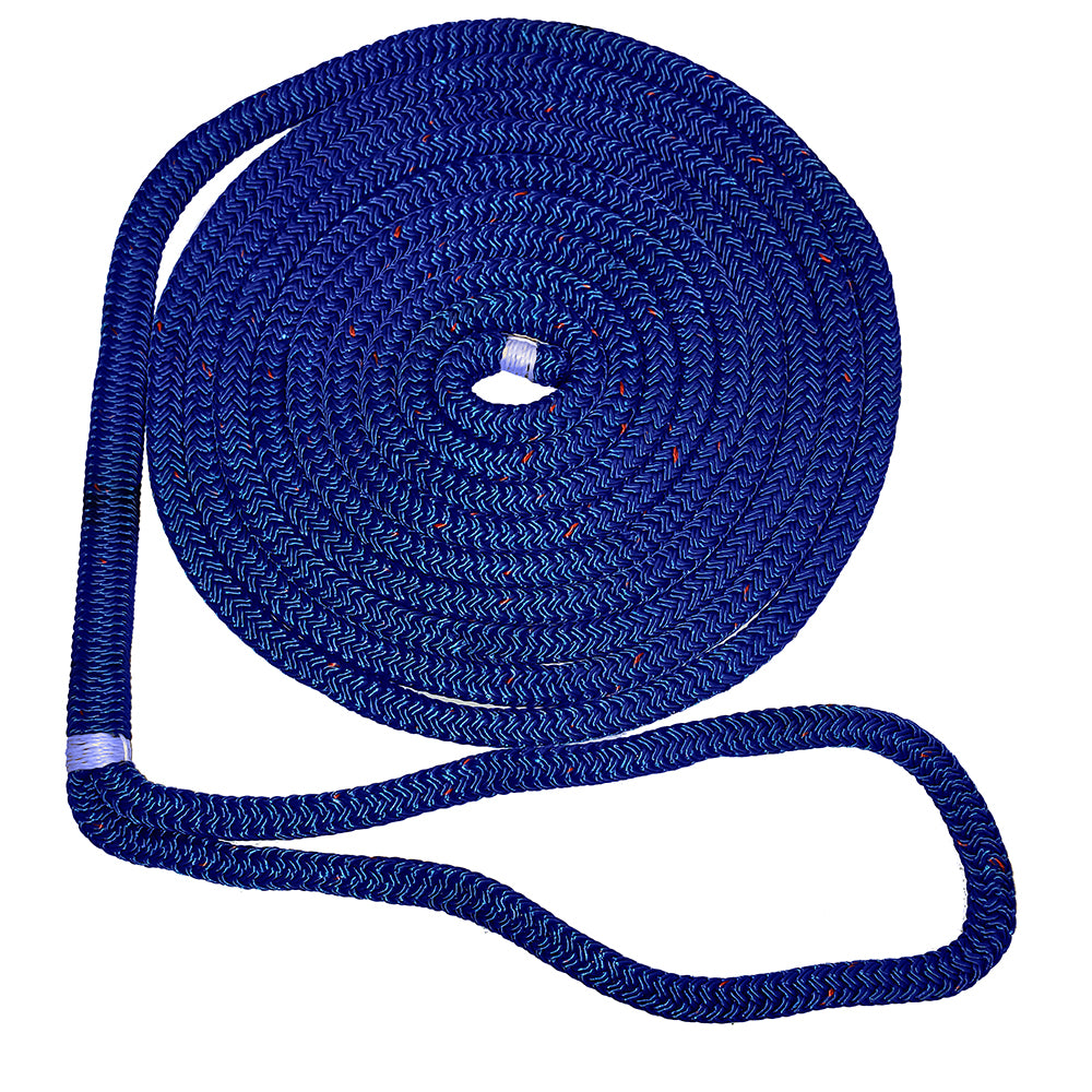Blue New England Ropes 5/8" double braid dock line with tracer, designed for secure boat docking and mooring.