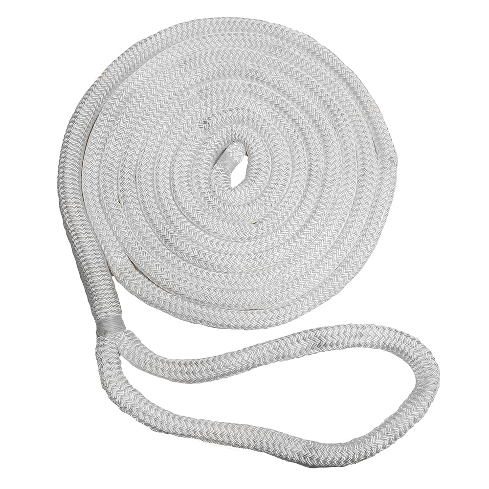 White 5/8-inch double braid dock line by New England Ropes, 25 feet long, shown coiled and ready for marine use.