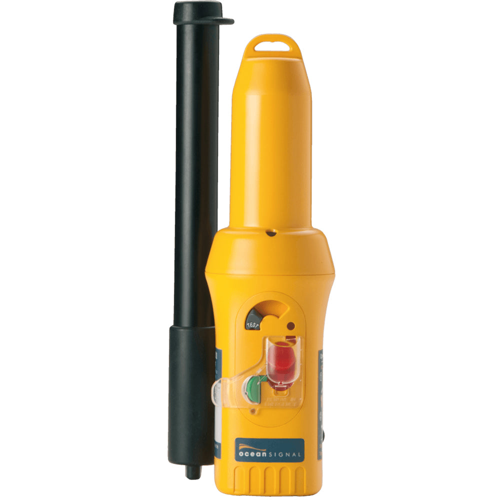 Ocean Signal SafeSea S100 SART emergency position-indicating radio beacon for maritime safety, shown in a compact device image.