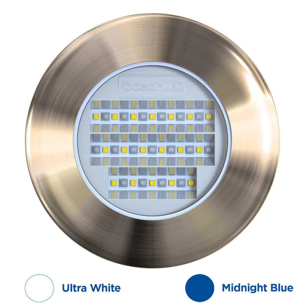 OceanLED Explore E6 XFM underwater lighting in Ultra White and Midnight Blue, showing the sleek underwater light design.