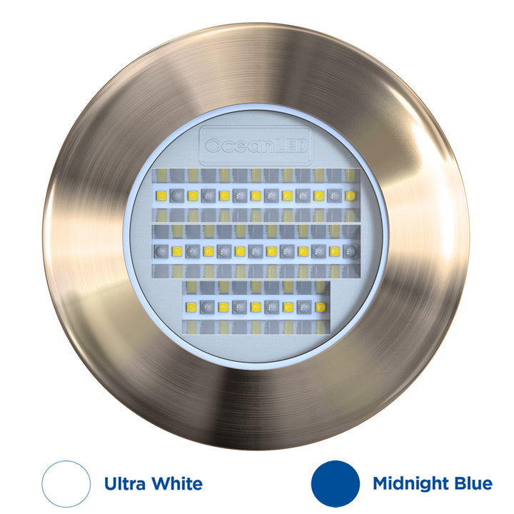 OceanLED Explore E6 XFM underwater lighting in Ultra White and Midnight Blue, showing the sleek underwater light design.
