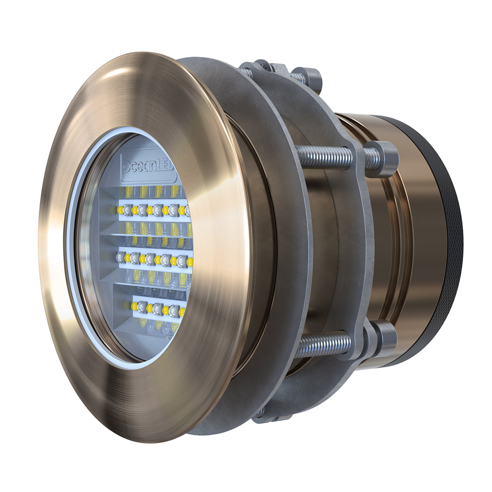 OceanLED Explore E6 XFM underwater light in Ultra White and Midnight Blue, showing vibrant illumination for marine applications.