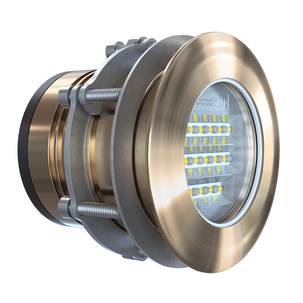 OceanLED Explore E6 XFM underwater light in Ultra White and Midnight Blue, showcasing sleek underwater lighting design.