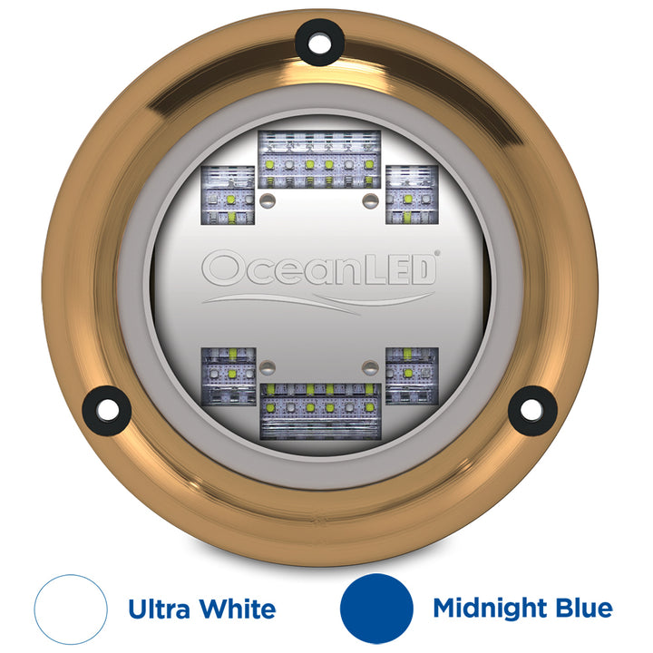 OceanLED Sport S3124s underwater LED light displaying Ultra White and Midnight Blue colors, designed for marine lighting.