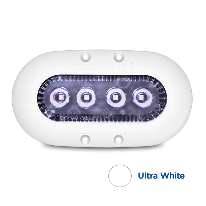 OceanLED X-Series X4 underwater lighting with white LEDs, showcasing sleek design and bright illumination for marine environments.
