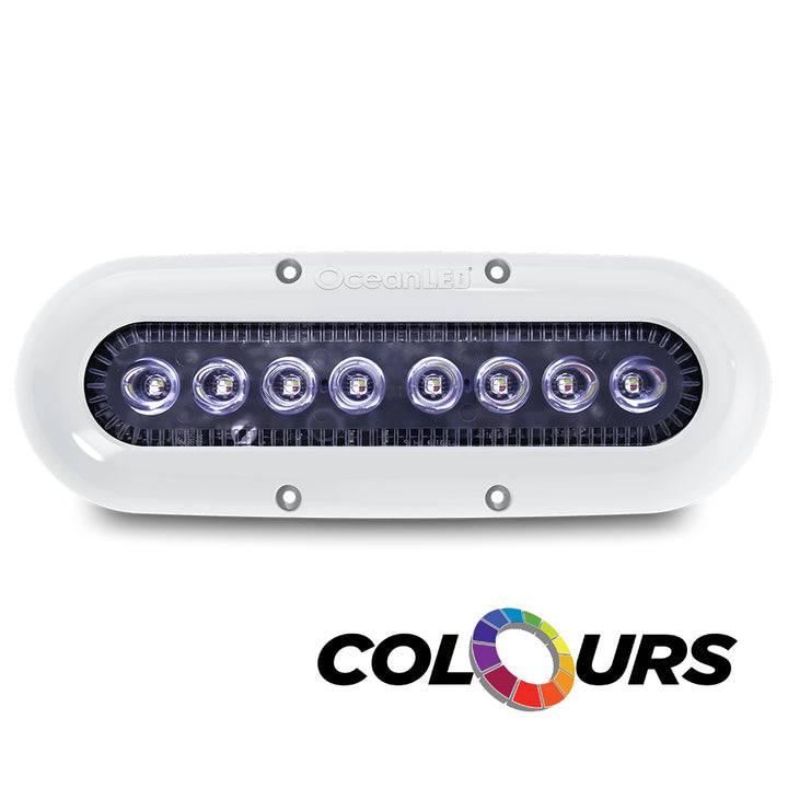 OceanLED X-Series X8 underwater lighting with colorful LEDs, showcasing vibrant multi-color illumination for marine environments.