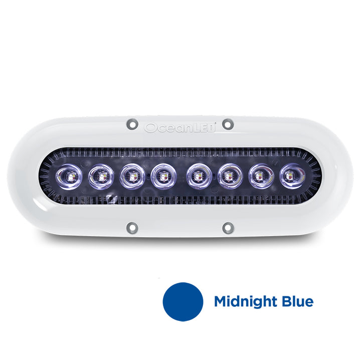 OceanLED X-Series X8 underwater lighting with midnight blue LEDs, showcasing sleek design and vibrant illumination.
