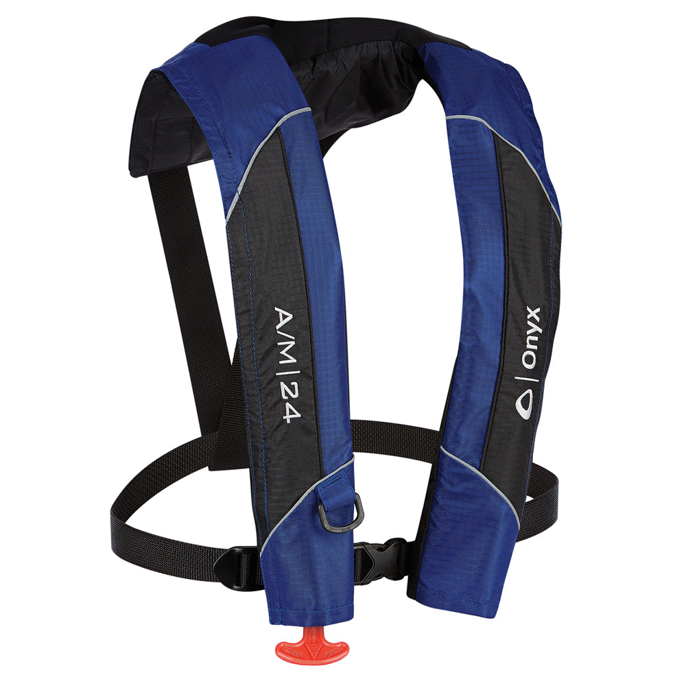 Blue Onyx A/M-24 inflatable life jacket, automatic/manual PFD life vest by Onyx Outdoor, designed for safety and comfort.