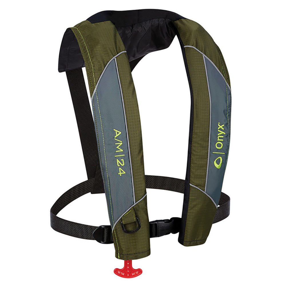 Onyx Outdoor green inflatable PFD life jacket, automatic/manual inflation, life vest for safety and water sports.