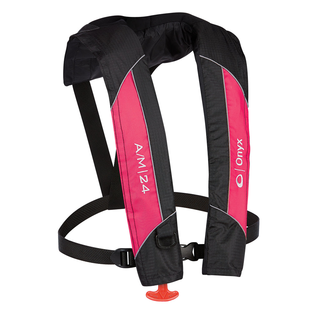 Pink Onyx Outdoor A/M-24 Inflatable PFD life vest with adjustable straps, automatic/manual inflation, suitable for water safety.