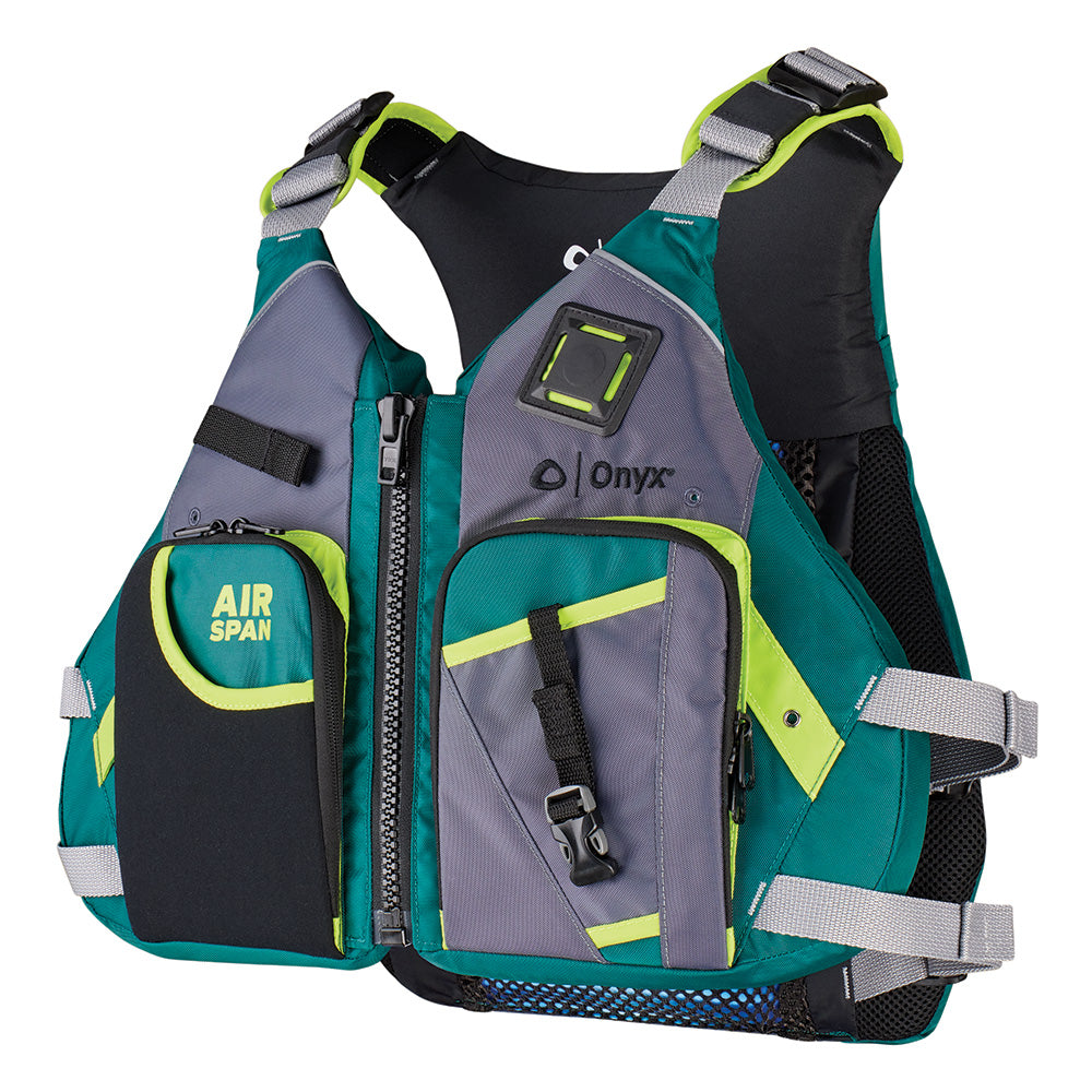 Onyx Outdoor Airspan Angler Life Jacket in green, M/L size, designed for fishing and water safety, shown on a mannequin.