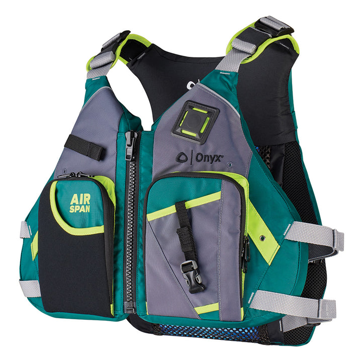 Onyx Outdoor Airspan Angler Life Jacket in green, M/L size, designed for fishing and water safety, shown on a mannequin.