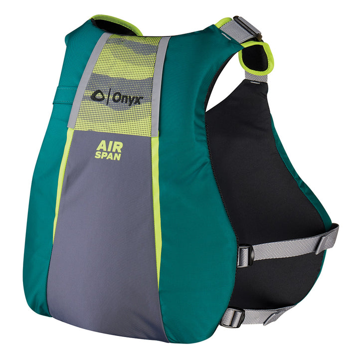 Onyx Outdoor Airspan Angler Life Jacket in green, M/L size, designed for fishing and water safety.