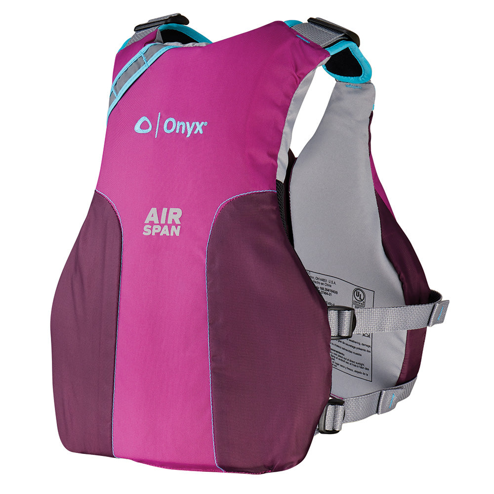 Purple Onyx Outdoor Airspan Breeze life vest in M/L size, designed for safety and comfort while boating or water activities.