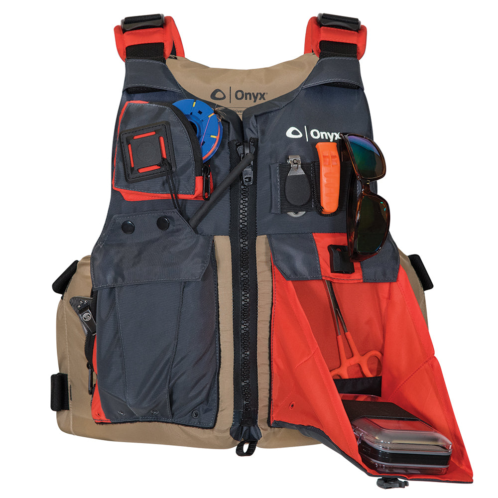 Onyx Outdoor adult oversized kayak fishing vest in tan and grey, featuring multiple pockets and adjustable straps for safety and comfort.