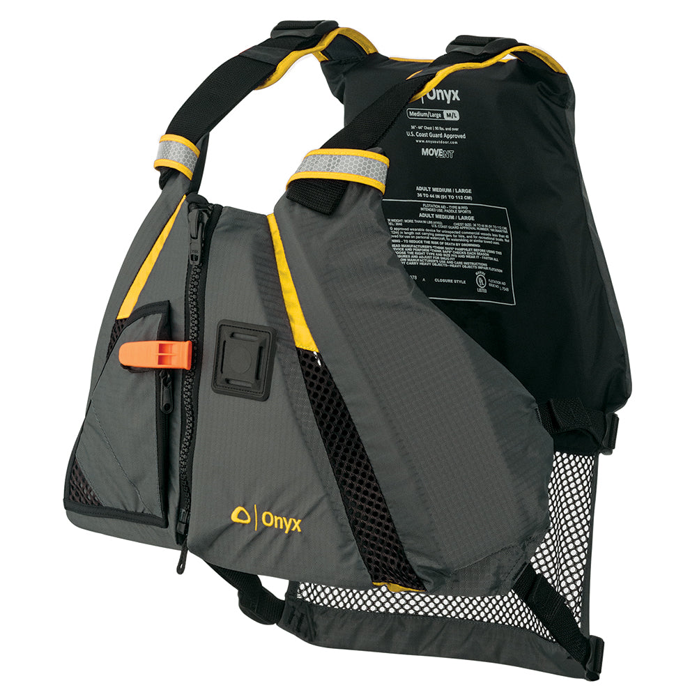 Onyx Outdoor Movement Dynamic paddle sports life vest in yellow and grey, size M/L, designed for water safety and active paddling.