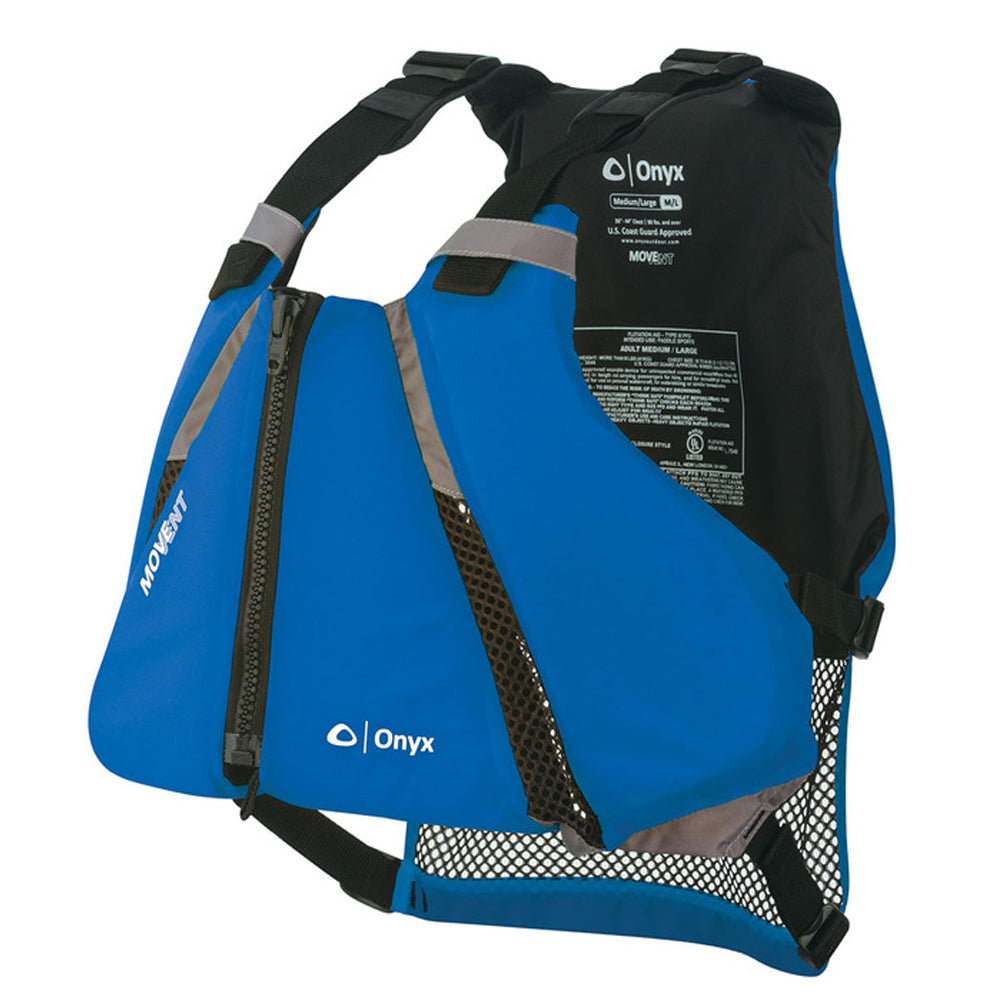 Blue Onyx Outdoor MoveVent Curve paddle sports life vest in size M/L, showing adjustable straps and lightweight design.
