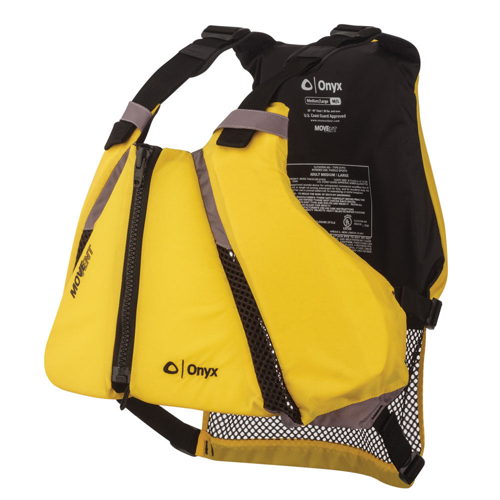 Onyx Outdoor MoveVent Curve Paddle Sports Life Vest in M/L size, black with adjustable straps, designed for water activity safety.