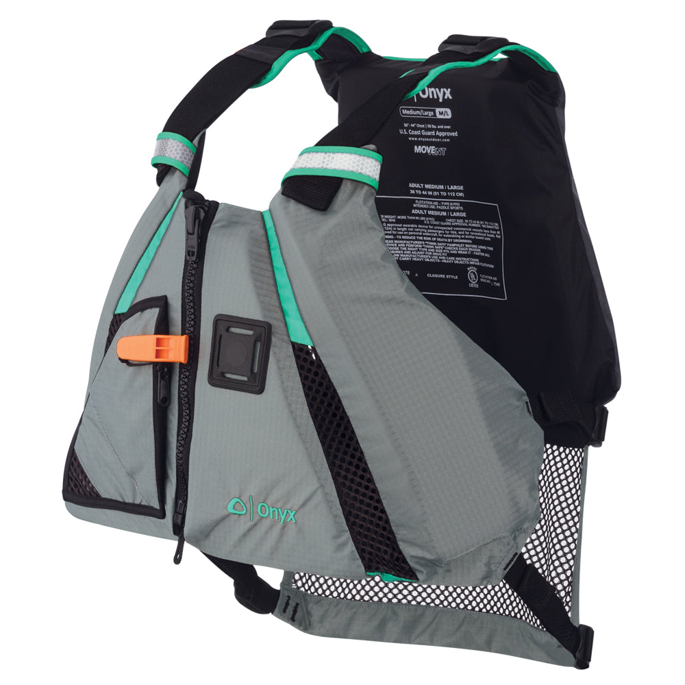 Onyx Outdoor MoveVent Dynamic paddle sports life vest in aqua, M/L size, with adjustable straps and breathable design.