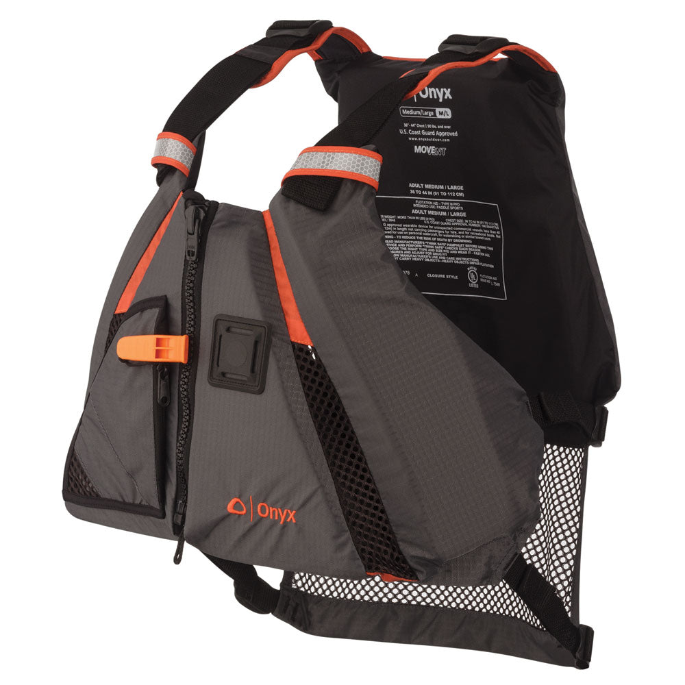 Onyx Outdoor MoveVent Dynamic paddle sports life vest in M/L with adjustable straps and breathable mesh for water activities.