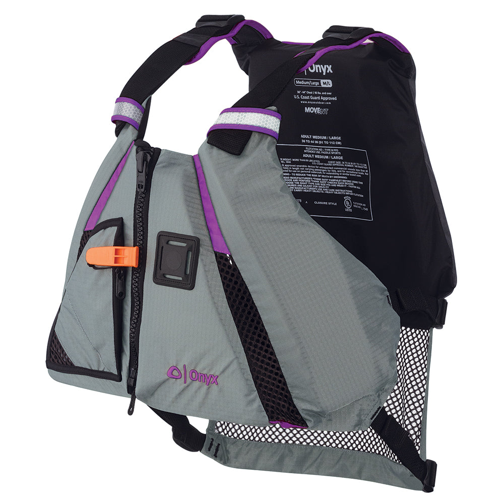 Onyx Outdoor MoveVent Dynamic paddle sports life vest in purple and grey, size M/L, designed for water safety and comfort.