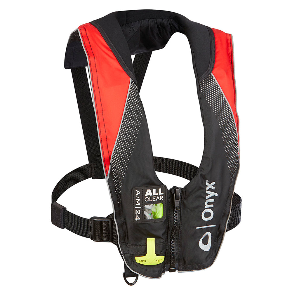 Onyx A/M-24 Series adult automatic/manual inflatable life jacket in black and red, personal flotation device for safety.