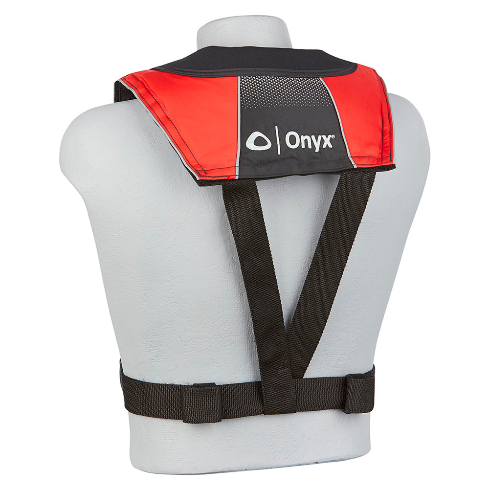 Onyx A/M-24 Series inflatable life jacket for adults, black and red personal flotation device with automatic and manual inflation.