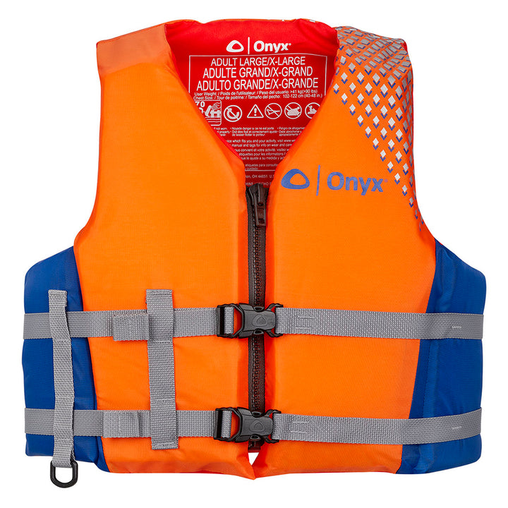 Onyx Outdoor All Adventure Pepin life jacket in Large/XL, a personal flotation device with adjustable straps and bright safety color.