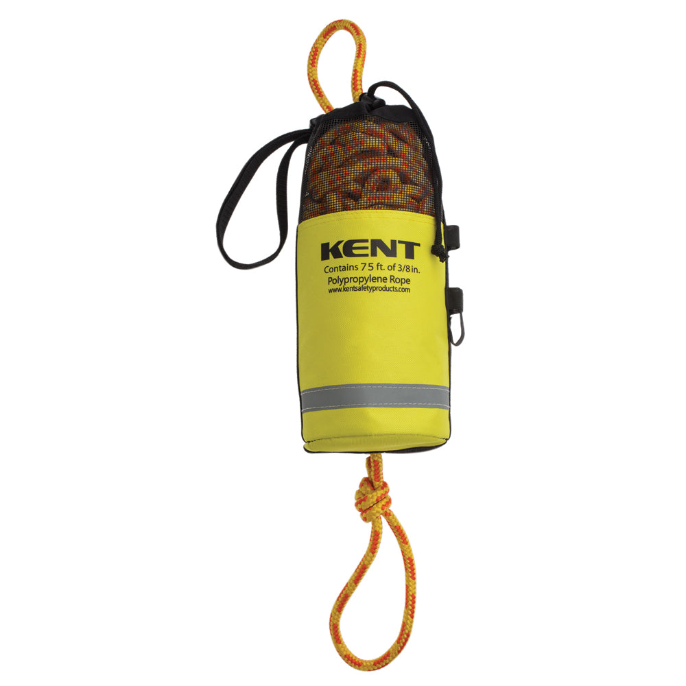 Onyx Outdoor 75-foot rescue throw bag for personal flotation rescue, featuring durable nylon and reflective safety strips.