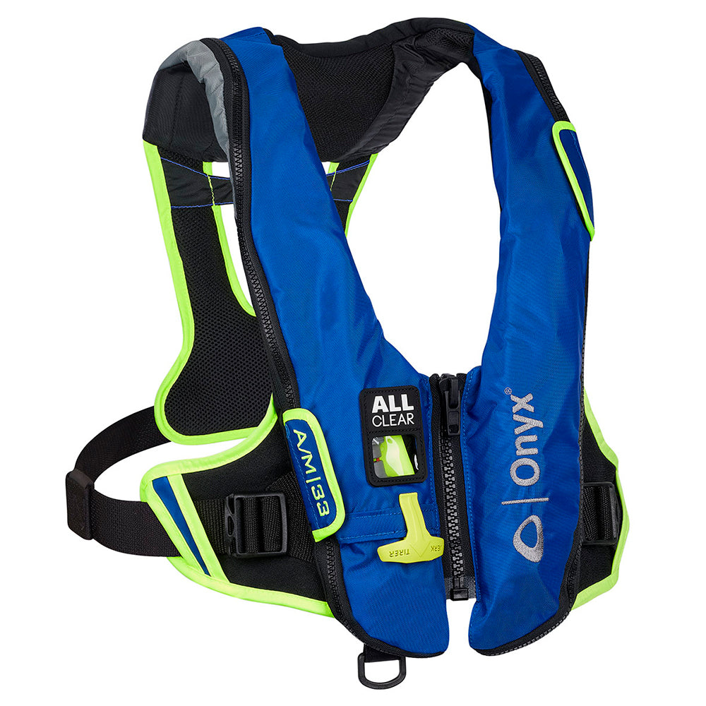 Onyx Outdoor Impulse A/M-33 inflatable life jacket in blue, personal flotation device with auto and manual inflation features.