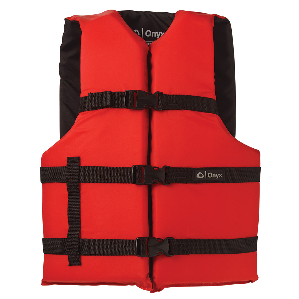 Red Onyx Nylon Adult Oversize Life Jacket, a personal flotation device with adjustable straps and reflective accents for safety.
