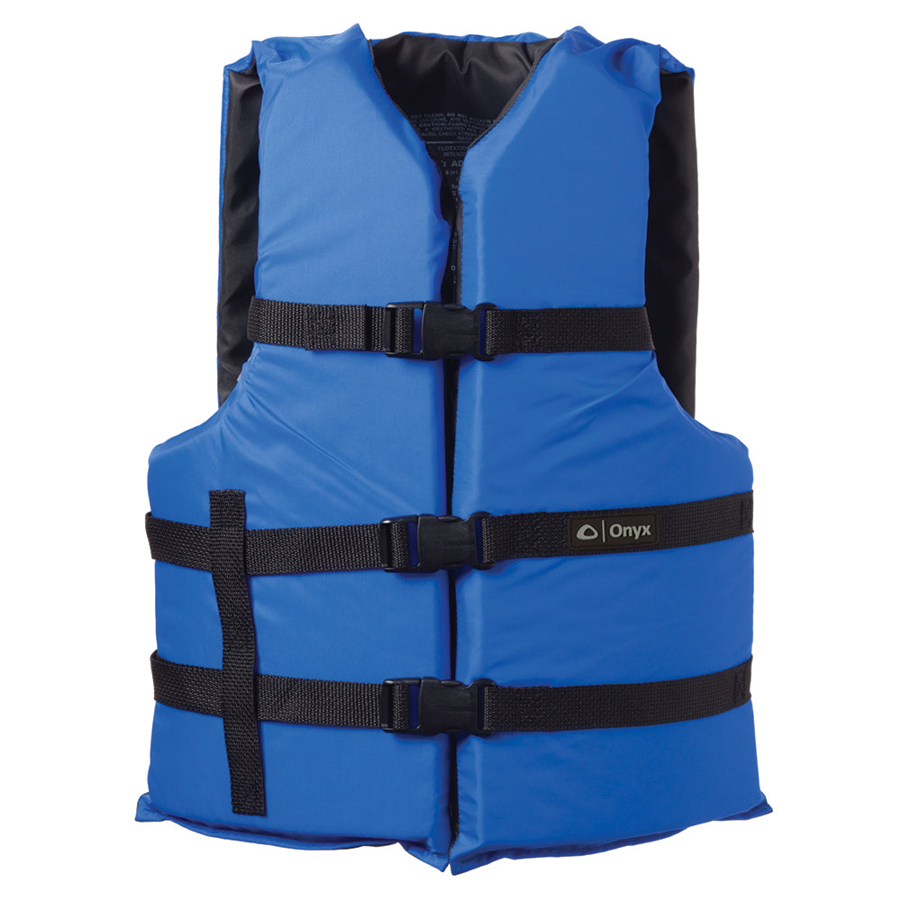 Blue Onyx Nylon Adult Life Jacket, universal personal flotation device with adjustable straps for safety and comfort.